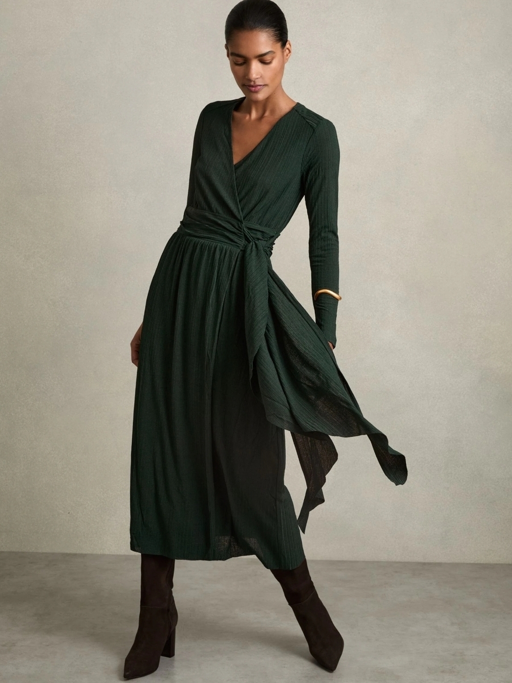 Reiss Sz 8 Dark Green Long-Sleeve Wrap Midi Dress with Waist Tie